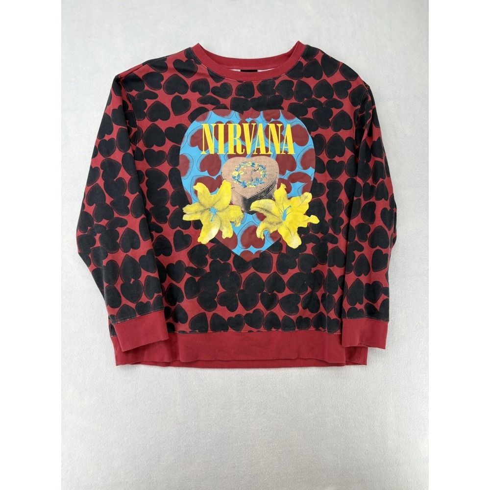 Nirvana Crewneck Sweatshirt Red/Black Heart Print Size L Rock & Pop Music